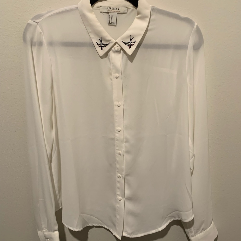 White Sheer Button-down Blouse with Bird Detailing